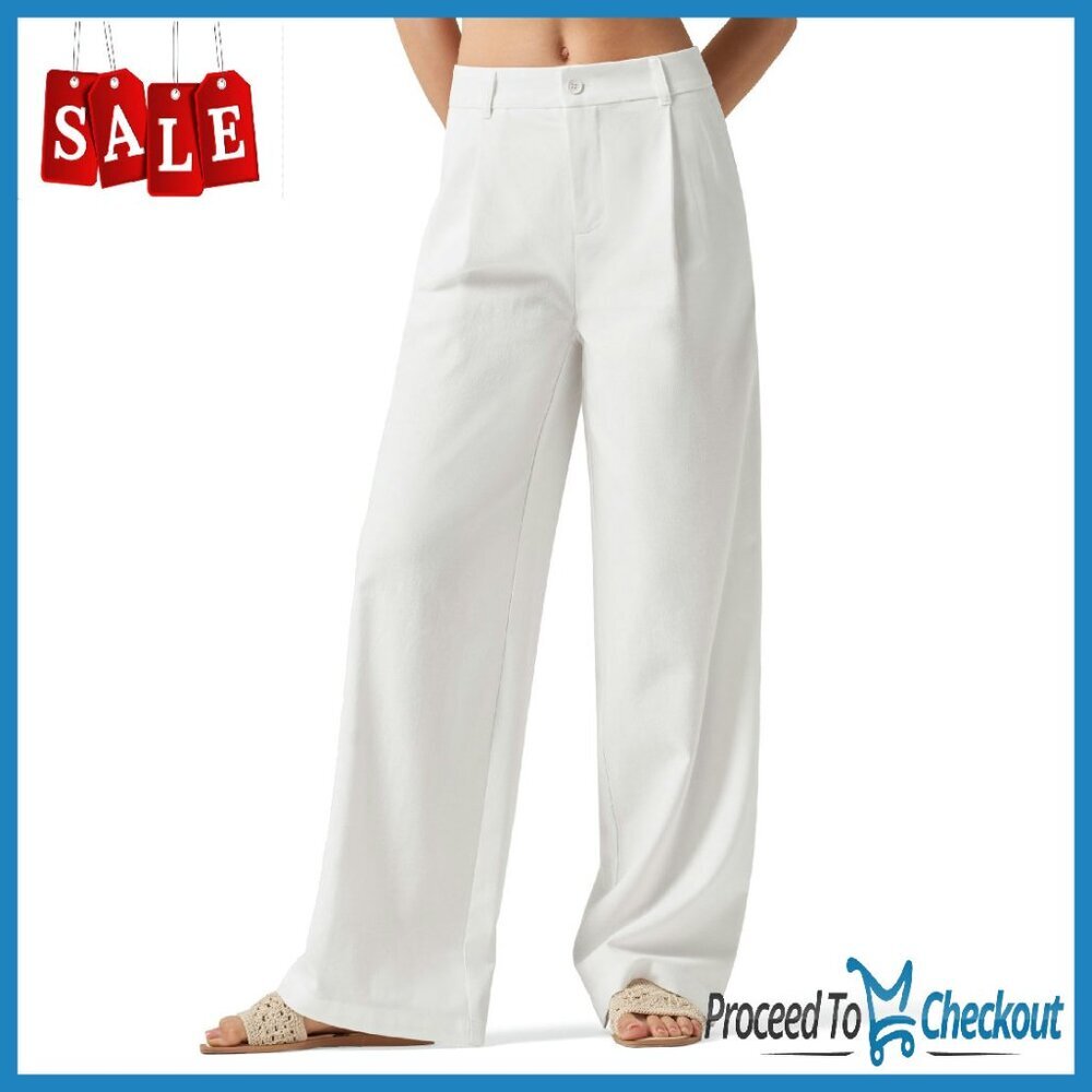 Wide Leg Linen Pants With Pockets, High Waisted Work Casual Slacks
